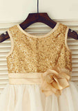 Knee-Length Sequined Tulle Flower Girl Dress with Lovely Flowers - A-line/Princess Scoop Neck BM bride
