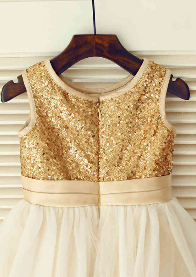 Knee-Length Sequined Tulle Flower Girl Dress with Lovely Flowers - A-line/Princess Scoop Neck BM bride