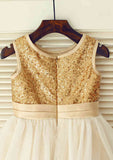 Knee-Length Sequined Tulle Flower Girl Dress with Lovely Flowers - A-line/Princess Scoop Neck BM bride