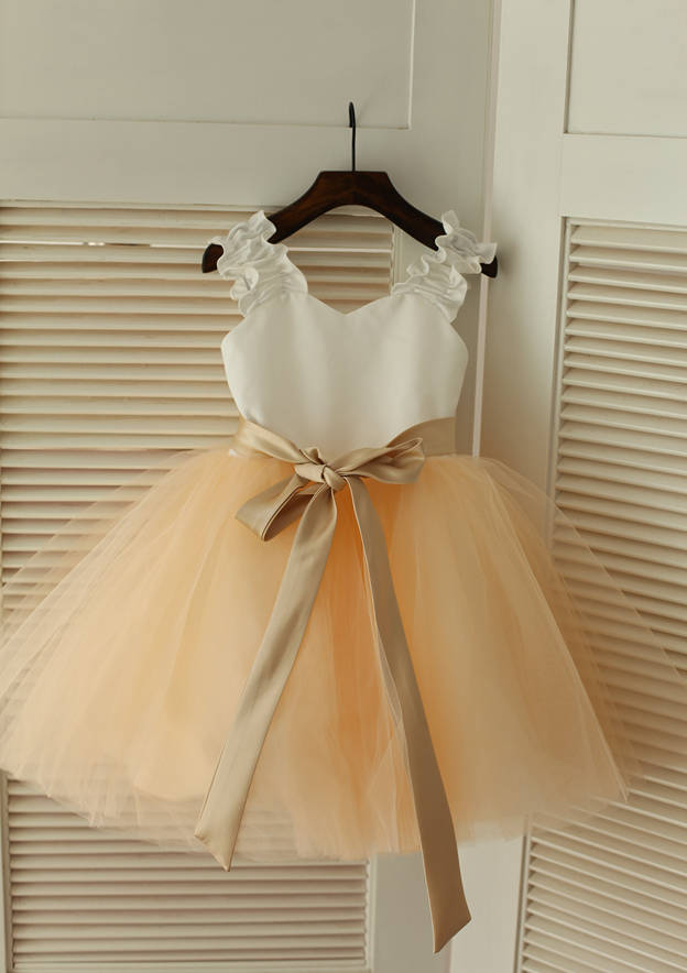 Knee-Length Sweetheart Satin and Tulle Flower Girl Dress with Graceful Sashes - A-line/Princess BM bride