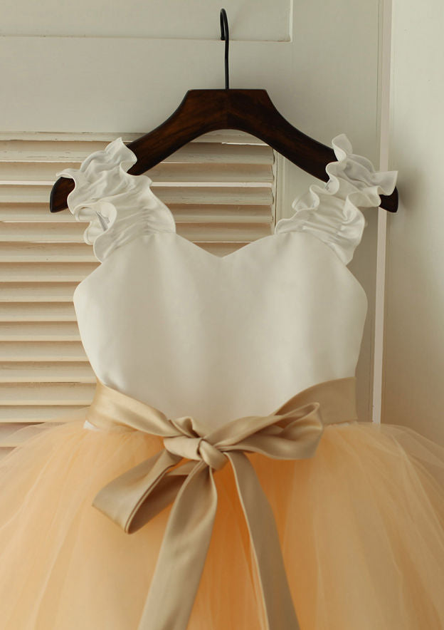 Knee-Length Sweetheart Satin and Tulle Flower Girl Dress with Graceful Sashes - A-line/Princess BM bride