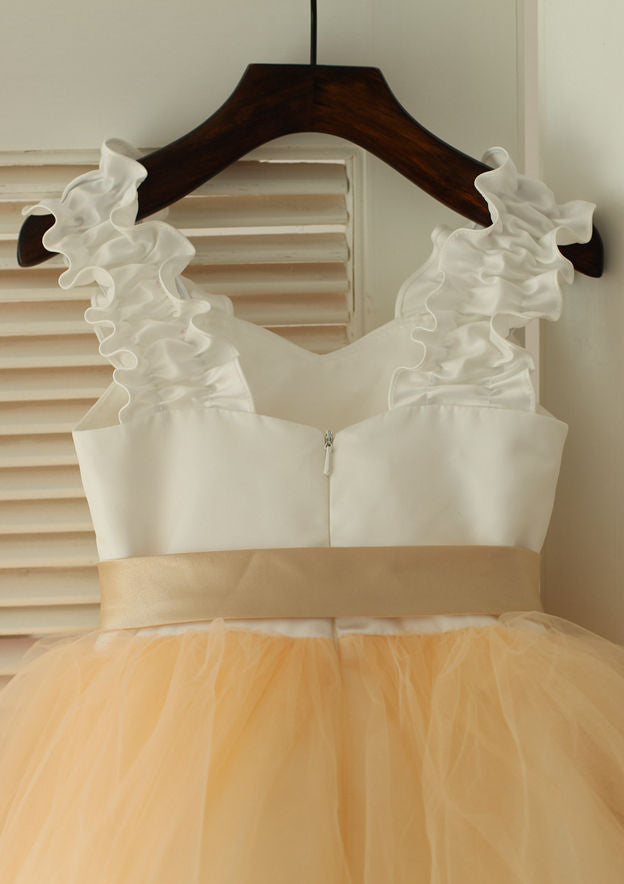 Knee-Length Sweetheart Satin and Tulle Flower Girl Dress with Graceful Sashes - A-line/Princess BM bride