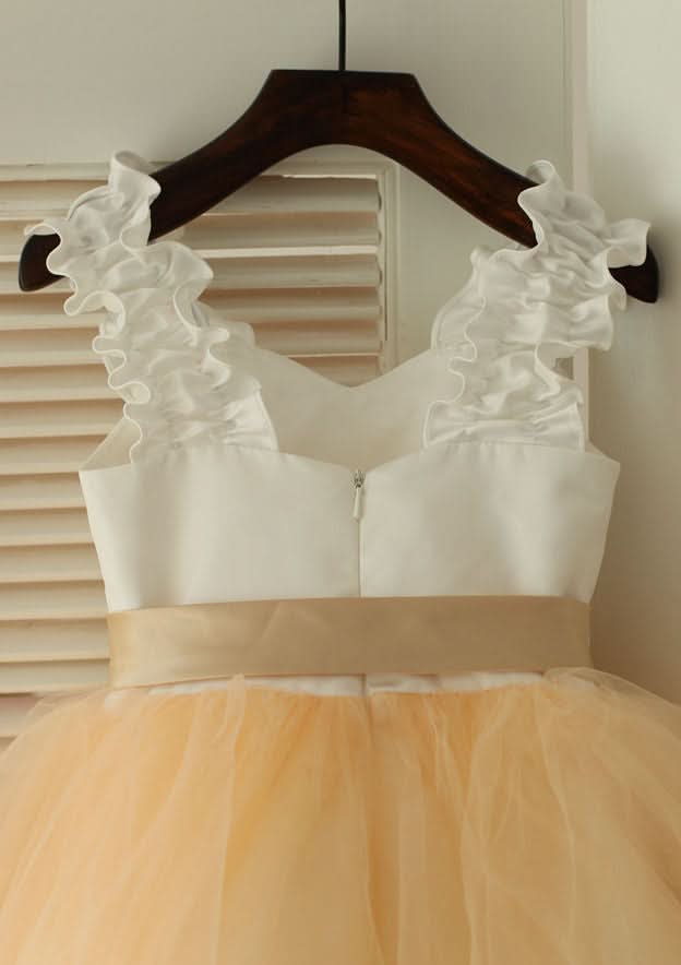 Knee-Length Sweetheart Satin and Tulle Flower Girl Dress with Graceful Sashes - A-line/Princess BM bride