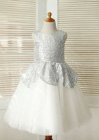 Knee-Length Sequined Tulle Flower Girl Dress - A-line/Princess Scoop Neck BM bride