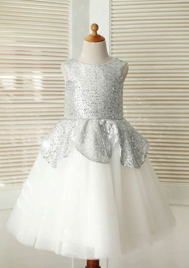 Knee-Length Sequined Tulle Flower Girl Dress - A-line/Princess Scoop Neck BM bride