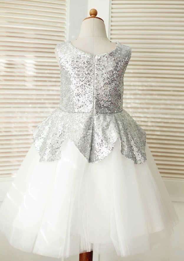 Knee-Length Sequined Tulle Flower Girl Dress - A-line/Princess Scoop Neck BM bride