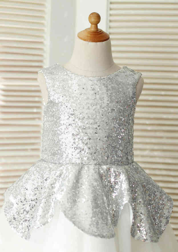 Knee-Length Sequined Tulle Flower Girl Dress - A-line/Princess Scoop Neck BM bride