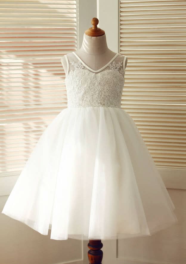 Knee-Length V-Neck Lace and Tulle Flower Girl Dress - A-line/Princess BM bride