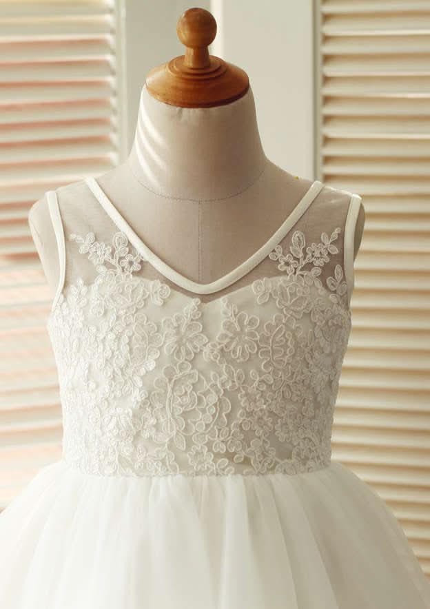 Knee-Length V-Neck Lace and Tulle Flower Girl Dress - A-line/Princess BM bride