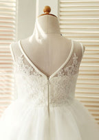 Knee-Length V-Neck Lace and Tulle Flower Girl Dress - A-line/Princess BM bride