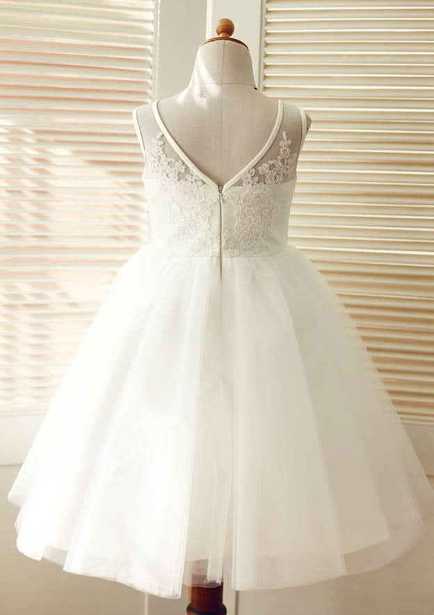 Knee-Length V-Neck Lace and Tulle Flower Girl Dress - A-line/Princess BM bride