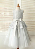 Tea-Length Sequined Tulle Flower Girl Dress with Graceful Sashes - A-line/Princess Scoop Neck BM bride