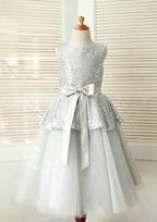 Tea-Length Sequined Tulle Flower Girl Dress with Graceful Sashes - A-line/Princess Scoop Neck BM bride