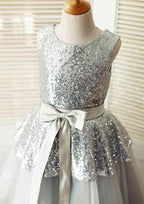 Tea-Length Sequined Tulle Flower Girl Dress with Graceful Sashes - A-line/Princess Scoop Neck BM bride