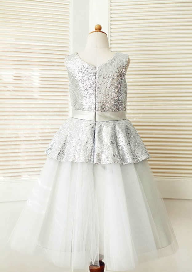 Tea-Length Sequined Tulle Flower Girl Dress with Graceful Sashes - A-line/Princess Scoop Neck BM bride