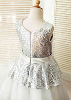 Tea-Length Sequined Tulle Flower Girl Dress with Graceful Sashes - A-line/Princess Scoop Neck BM bride