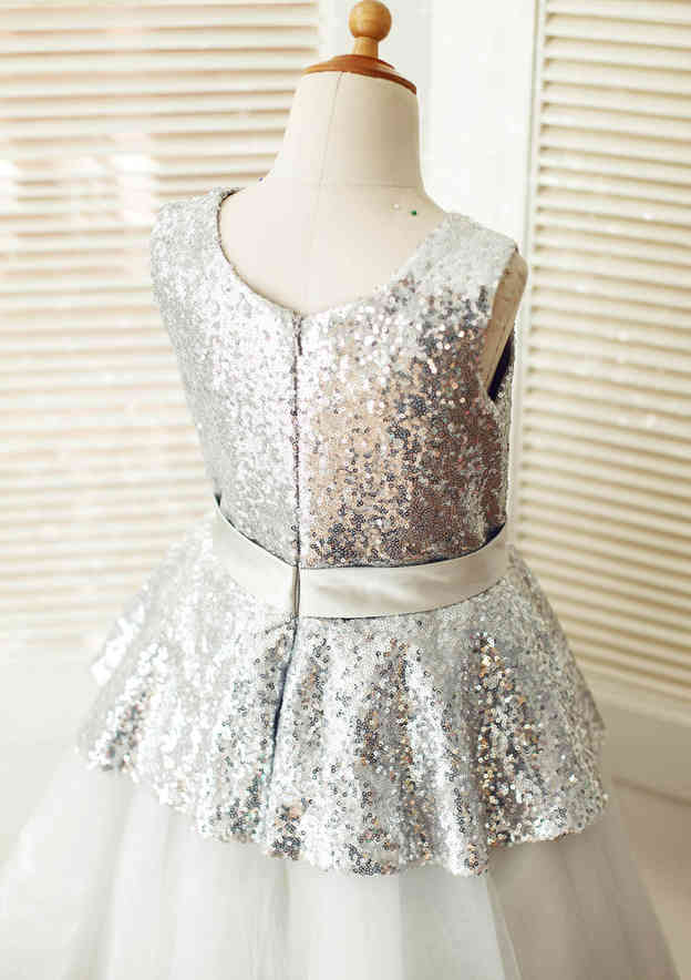 Tea-Length Sequined Tulle Flower Girl Dress with Graceful Sashes - A-line/Princess Scoop Neck BM bride