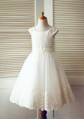 Tea-Length Lace and Tulle Flower Girl Dress - A-line/Princess Scoop Neck BM bride