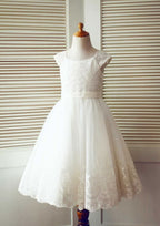 Tea-Length Lace and Tulle Flower Girl Dress - A-line/Princess Scoop Neck BM bride