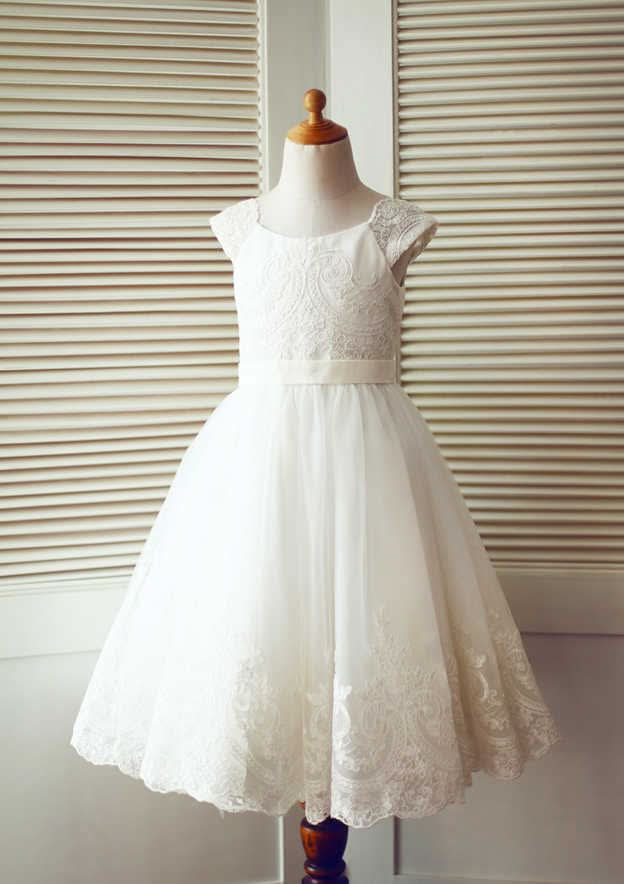 Tea-Length Lace and Tulle Flower Girl Dress - A-line/Princess Scoop Neck BM bride