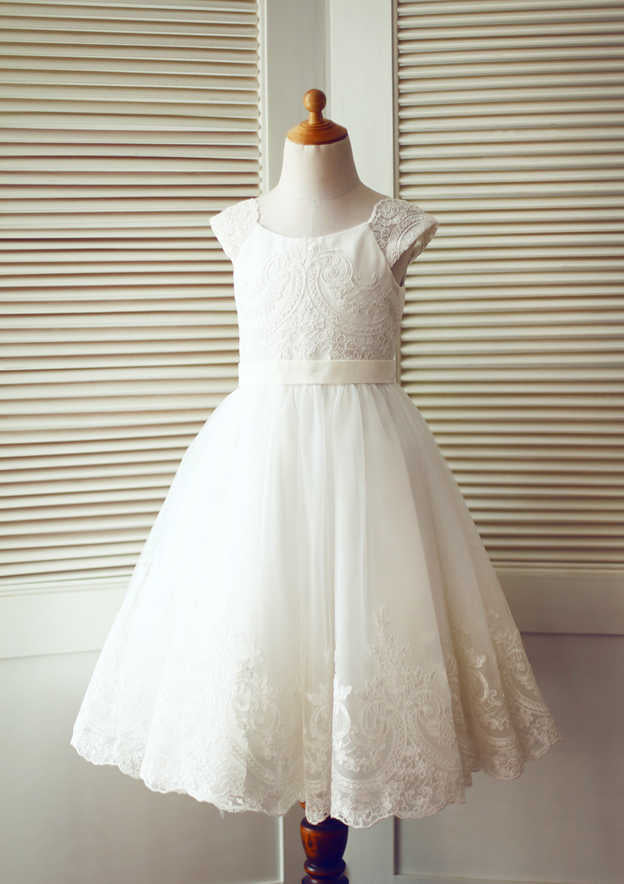 Tea-Length Lace and Tulle Flower Girl Dress - A-line/Princess Scoop Neck BM bride