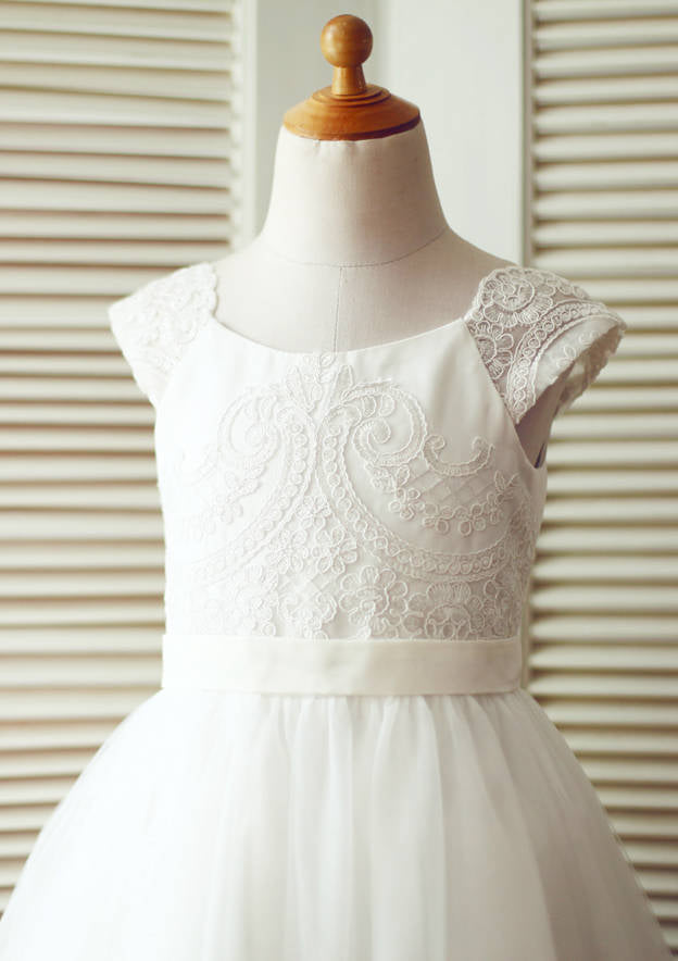 Tea-Length Lace and Tulle Flower Girl Dress - A-line/Princess Scoop Neck BM bride