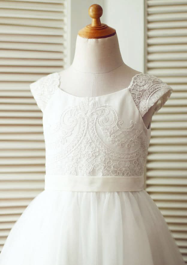 Tea-Length Lace and Tulle Flower Girl Dress - A-line/Princess Scoop Neck BM bride