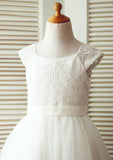 Tea-Length Lace and Tulle Flower Girl Dress - A-line/Princess Scoop Neck BM bride