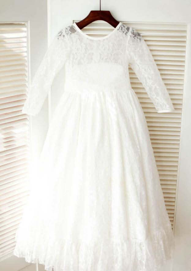 Tea-Length Lace Flower Girl Dress with Graceful Sashes - A-line/Princess Scoop Neck BM bride