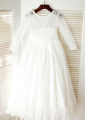 Tea-Length Lace Flower Girl Dress with Graceful Sashes - A-line/Princess Scoop Neck BM bride