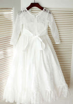 Tea-Length Lace Flower Girl Dress with Graceful Sashes - A-line/Princess Scoop Neck BM bride