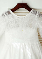 Tea-Length Lace Flower Girl Dress with Graceful Sashes - A-line/Princess Scoop Neck BM bride