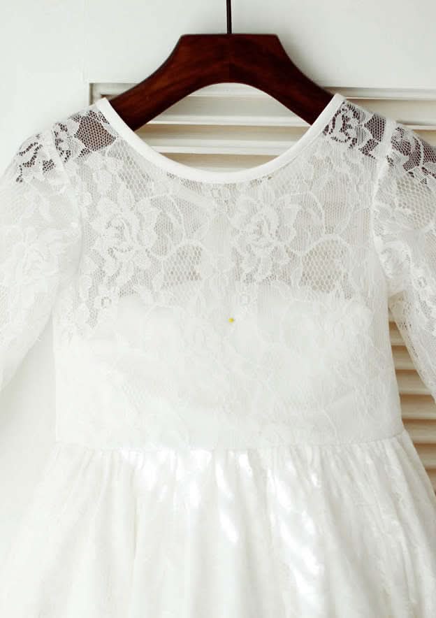 Tea-Length Lace Flower Girl Dress with Graceful Sashes - A-line/Princess Scoop Neck BM bride