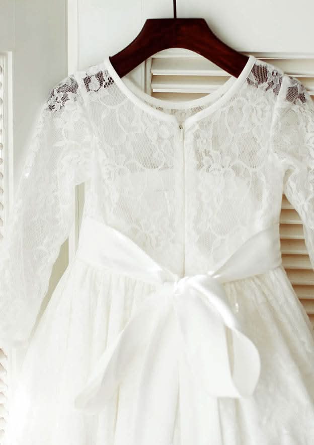 Tea-Length Lace Flower Girl Dress with Graceful Sashes - A-line/Princess Scoop Neck BM bride