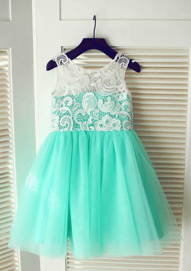 Knee-Length Lace and Tulle Flower Girl Dress with Delicate Lace - A-line/Princess Scoop Neck BM bride