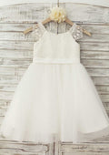 Knee-Length Lace and Tulle Flower Girl Dress with Short Sleeves - A-line/Princess Scoop Neck BM bride
