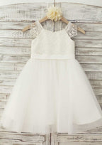 Knee-Length Lace and Tulle Flower Girl Dress with Short Sleeves - A-line/Princess Scoop Neck BM bride