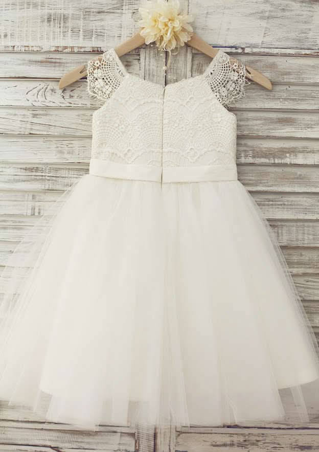 Knee-Length Lace and Tulle Flower Girl Dress with Short Sleeves - A-line/Princess Scoop Neck BM bride