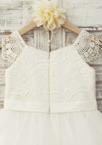 Knee-Length Lace and Tulle Flower Girl Dress with Short Sleeves - A-line/Princess Scoop Neck BM bride