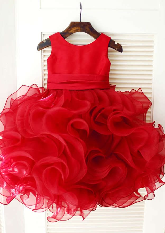 Knee-Length Organza Satin Flower Girl Dress with Charming Ruffled Flowers - A-line/Princess Scoop Neck BM bride