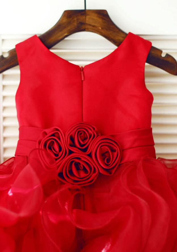 Knee-Length Organza Satin Flower Girl Dress with Charming Ruffled Flowers - A-line/Princess Scoop Neck BM bride
