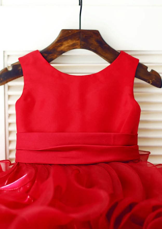 Knee-Length Organza Satin Flower Girl Dress with Charming Ruffled Flowers - A-line/Princess Scoop Neck BM bride