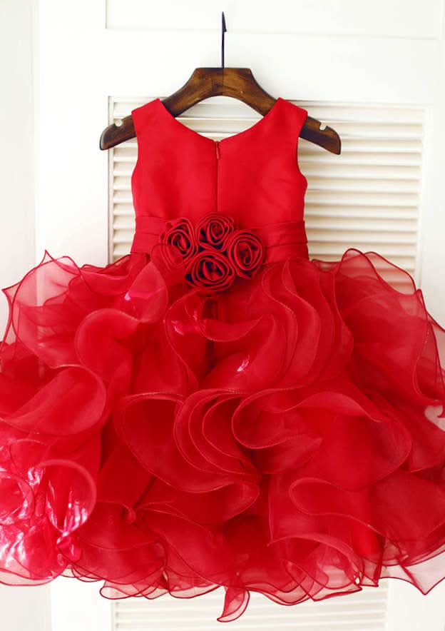 Knee-Length Organza Satin Flower Girl Dress with Charming Ruffled Flowers - A-line/Princess Scoop Neck BM bride
