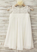Knee-Length Chiffon Lace Flower Girl Dress - A-line/Princess Scoop Neck BM bride