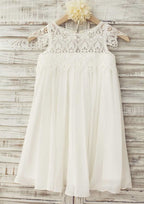 Knee-Length Chiffon Lace Flower Girl Dress - A-line/Princess Scoop Neck BM bride