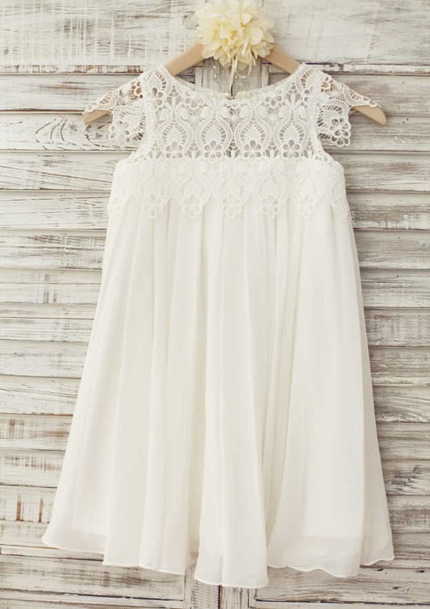 Knee-Length Chiffon Lace Flower Girl Dress - A-line/Princess Scoop Neck BM bride