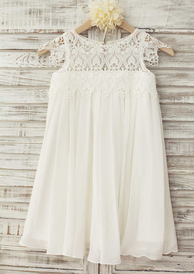 Knee-Length Chiffon Lace Flower Girl Dress - A-line/Princess Scoop Neck BM bride