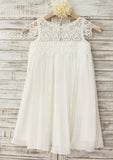 Knee-Length Chiffon Lace Flower Girl Dress - A-line/Princess Scoop Neck BM bride