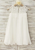 Knee-Length Chiffon Lace Flower Girl Dress - A-line/Princess Scoop Neck BM bride