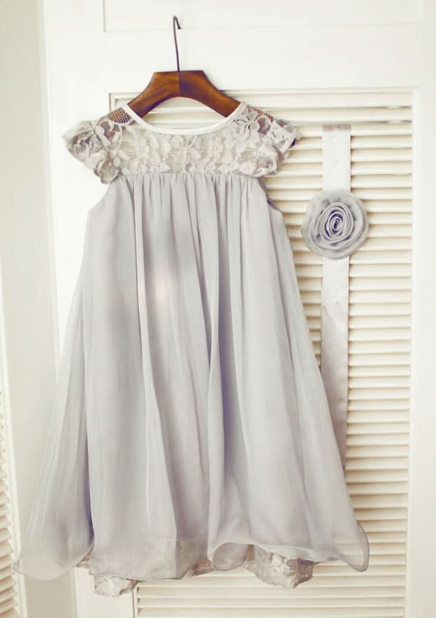 Knee-Length Chiffon Flower Girl Dress with Elegant Sashes - A-line/Princess Scoop Neck BM bride